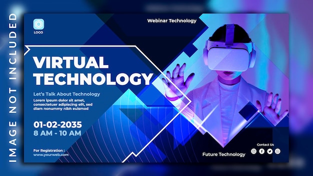 Horizontale verticale webinar virtuele technologie en metaverse conferentie geïllustreerd bannerontwerp met een vrouwenfoto