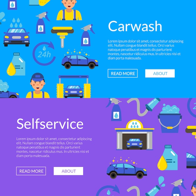 Vector horizontale webbanner instellen met gekleurde autowassen plat pictogrammen