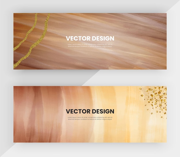 Vector horizontale webbanners met bruine en oranje aquarel en gouden glittertextuur