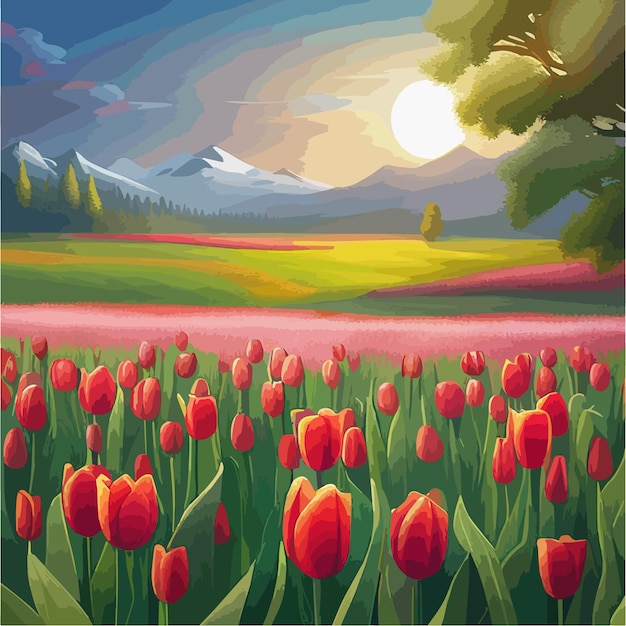 Vector horizontally vector illustration vast fields red tulips in beautiful countryside against a blue sky