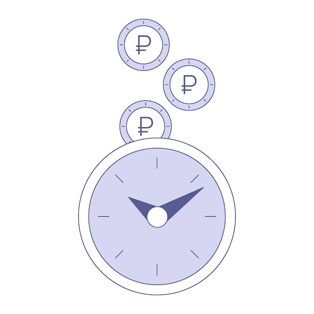 Horloges en roebelmunten. Citaat Tijd is geld. Russische valuta. Klok. Zakelijke financiën en economie