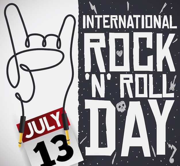 Premium Vector Horn sign with wire and calendar for rock n roll day