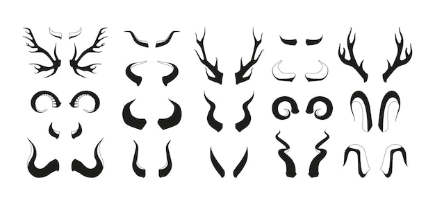 Horn silhouettes Black pairs of animal antlers different shapes wildlife hunting trophy elements horned mammal decoration Vector isolated set