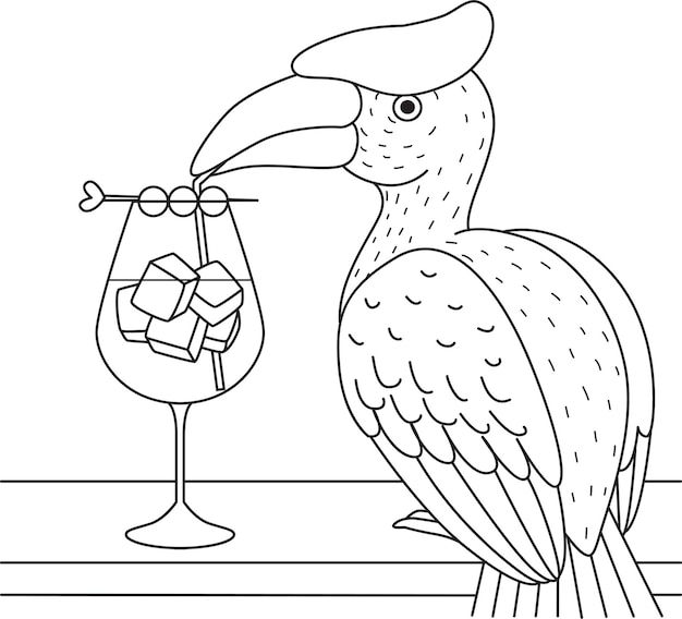 Hornbill bird cocktail for coloring book, coloring page.  illustration