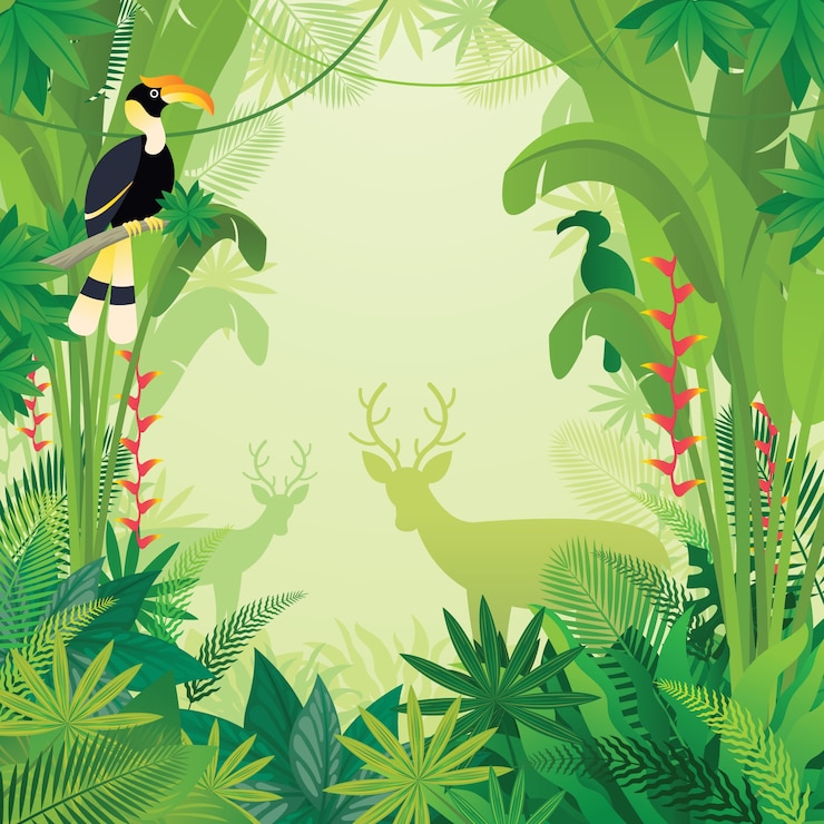 열대 정글에서 Hornbill과 사슴