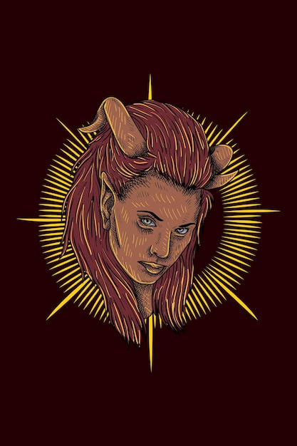 Horned girl head vector illustration