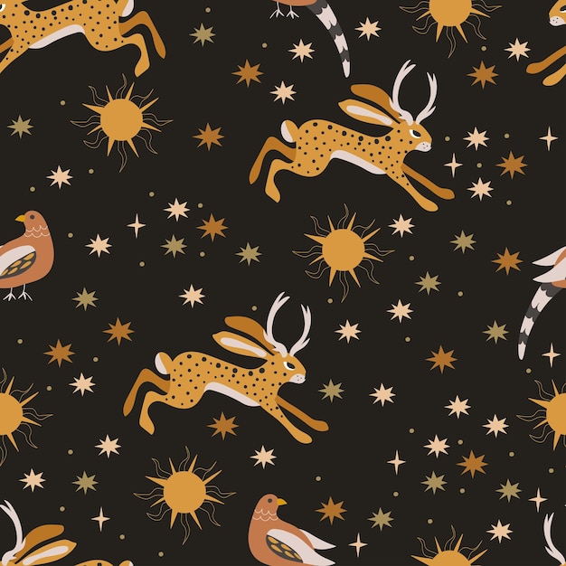 Horned hare fairytale characters Stars night Seamless pattern Vector illustration