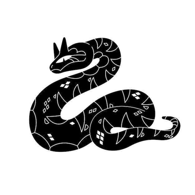 ベクトル 角のあるヘビのシルエット 頭の上に角のある単色の毒蛇 砂漠のヘビ 肌のラインアートのパターン 黒い毒のある爬虫類 白い背景の平らな孤立したベクトルイラスト