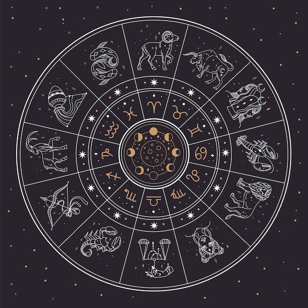 Cerchio di astrologia oroscopo con segni zodiacali e costellazioni. gemelli, cancro, leone, illustrazione di vettore della raccolta del segno zodiacale mistico. calendario con diverse fasi lunari nel cielo notturno