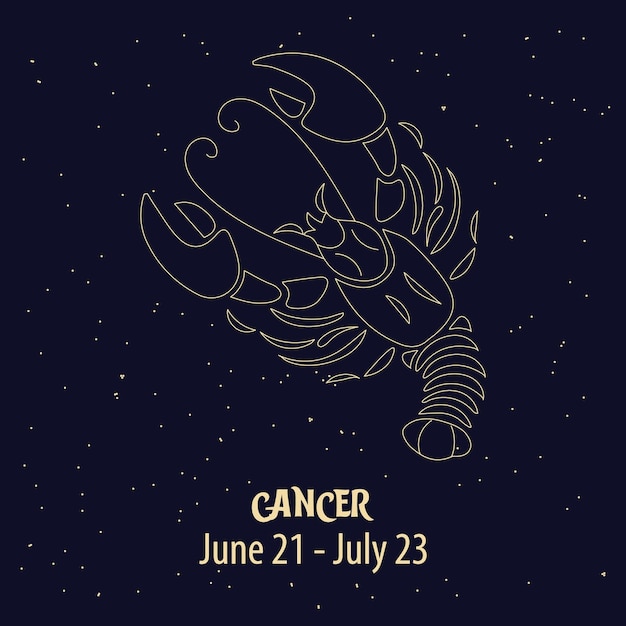Vector horoscope, zodiac sign cancer, golden design on a blue starry background. illustration, vector