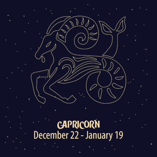 Horoscope, zodiac sign Capricorn, golden design on a blue starry background. Illustration, vector