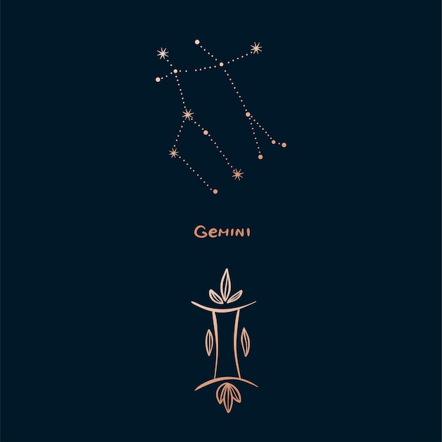 Horoscope zodiac sign gemini in constellation style with line and stars on dark background Collection of zodiac symbols set of constellations of stars