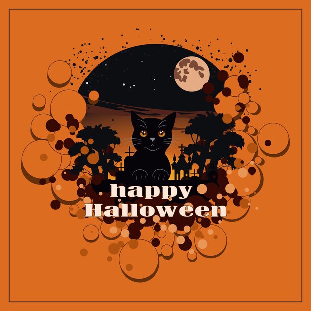 Horrible black cat in background of graveyard and the full moon with text designs for halloween