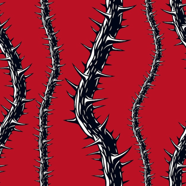 Vector horror art style seamless pattern, vector background. blackthorn branches with thorns stylish endless illustration. hard rock and heavy metal subculture music textile fashion stylish design.