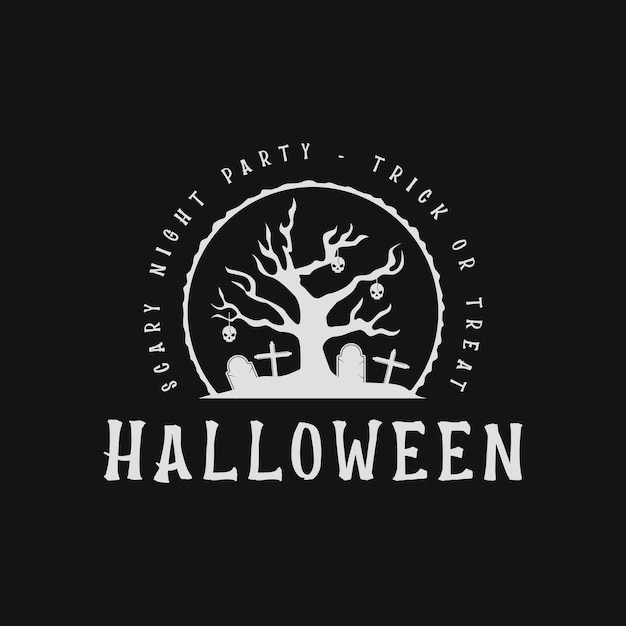 Horror boom bij de dappere halloween logo vintage vector illustratie sjabloon pictogram ontwerp