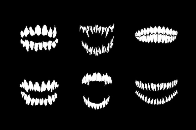 Horror monster and vampire or zombie fangs teeth silhouette vector illustration collection