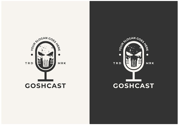 Horror podcast-logo-ontwerp met schedel in microfoon premium vector