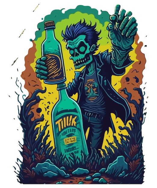 Вектор Ужасная рука зомби с бутылкой пива возле могилы дизайн футболки дьявола красивый вектор