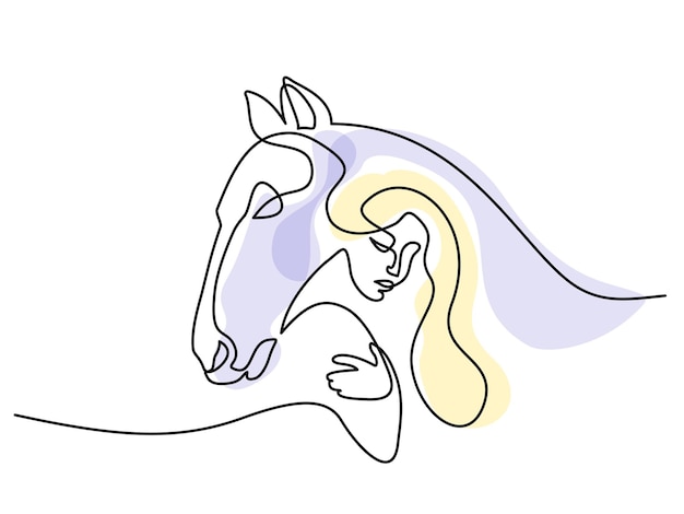 Вектор Логотип с головами лошадей и женщин непрерывный чертеж на одной линии черно-белой векторной иллюстрации