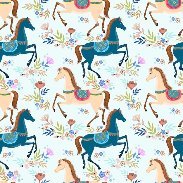 Vector horse in beautiful flowers garden.