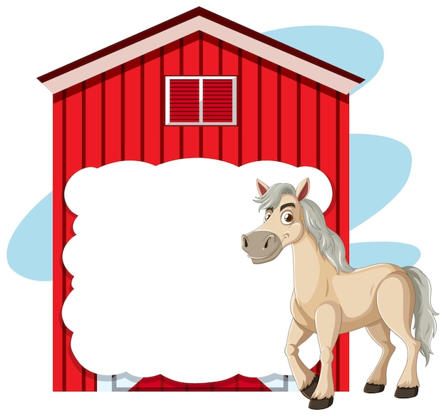 Vector horse beside red barn illustration