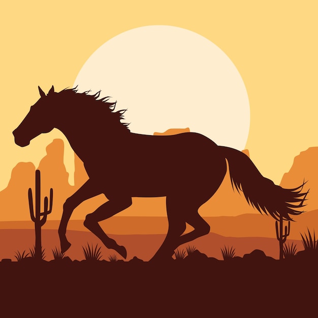 Vector horse black running animal in the desert landscape