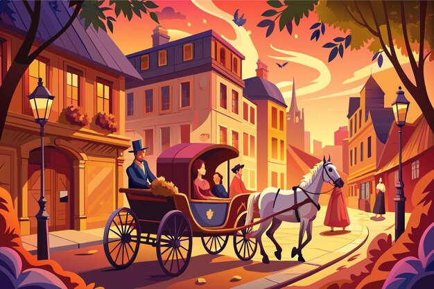 A horse and carriage ride through a city street