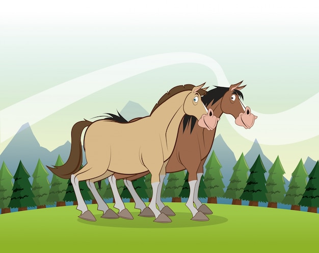 Cartone animato cavallo su sfondo paesaggio