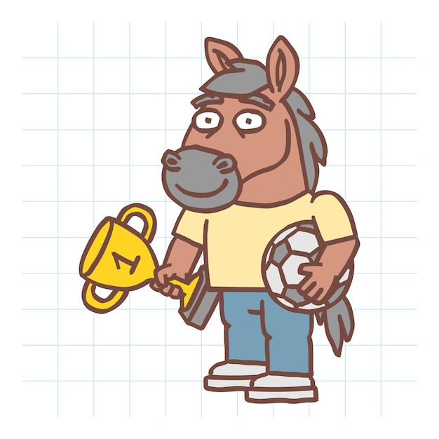 Vector horse character holding soccer ball holding golden cup and smiling hand drawn character