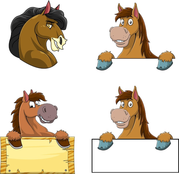 Vector horse characters over a blank sign board vector collection