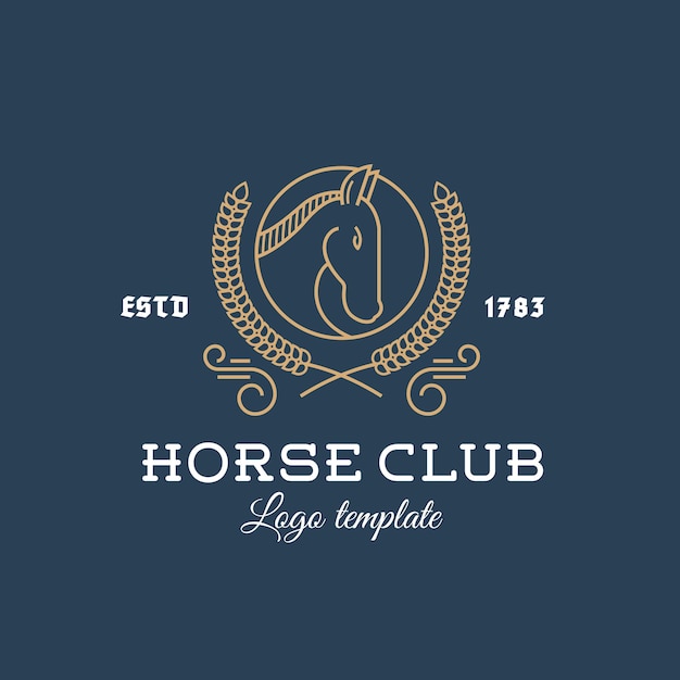 Vettore horse club abstract logo vettoriale modello stile linea con tipografia testa di stallone in un cerchio laurel oro e bianco su sfondo blu