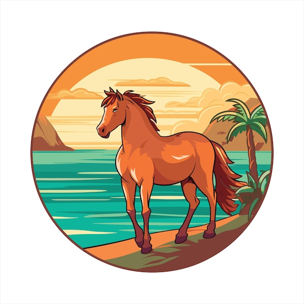 Vettore cavallo carino divertente cartone animato kawaii colorato acquerello spiaggia estate animale domestico adesivo illustrazione