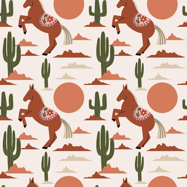 Horse in desert pattern Wild west seamless texture Western landscape Cactus and sun Cartoon flat isolated elements Contemporary print decor textile wrapping paper wallpaper vector