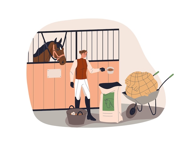 馬の飼育 穀物の干し草を荷車に乗せて馬の飼育に取り組む農夫 飼育場で馬に食べ物を供給する農夫 白い背景に隔離された平らなベクトルイラスト