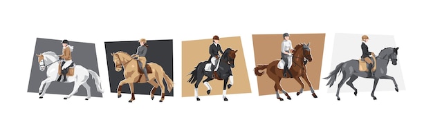 馬と女性ジョッキーのキャラクター 騎乗スポーツのドレッサージ カートゥーン・フラット・ベクトルイラスト