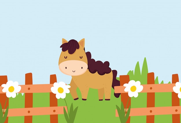 Vector horse behind fence with flowers grass farm animal cartoon illustration