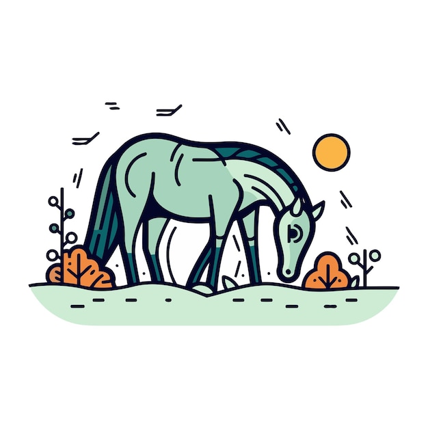 Horse in the field vector illustration in flat linear style