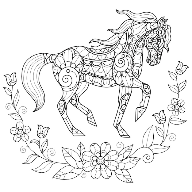 Horse and flower vine hand drawn for adult coloring book