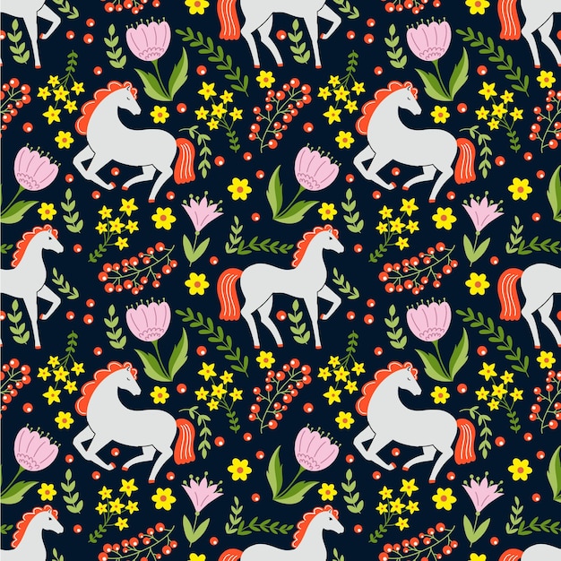 Horse in flowers and berries Black seamless pattern for sewing clothes and printing on fabric Ornament