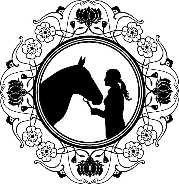 Vettore cavallo e ragazza amore con cornice floreale cerchio design fatto a mano