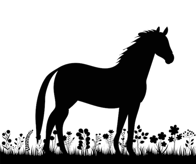 Лошадь в траве черный силуэт изолированный вектор