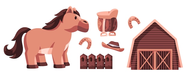 Vector horse illustration set collection object horseshoe barn and saddle