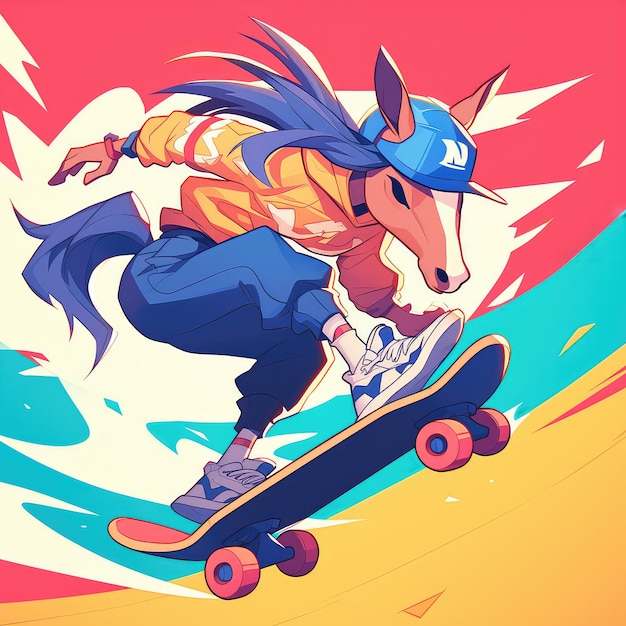 A horse is skateboarding cartoon style