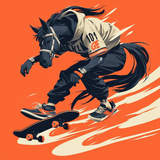 A horse is skateboarding cartoon style