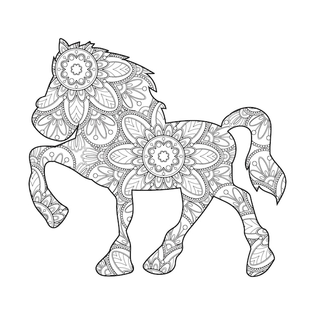 Vettore pagina da colorare di mandala di cavallo per bambini e adulti, stile di disegno di arte di linea di vettore di mandala animale unicorno