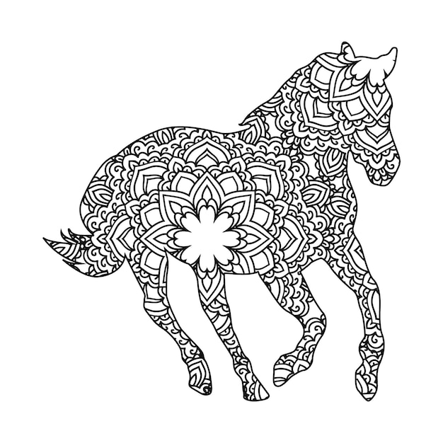 Pagina da colorare di mandala di cavallo per bambini e adulti, stile di disegno di arte di linea di vettore di mandala animale unicorno