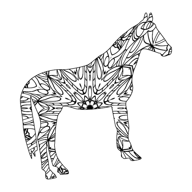 Vettore pagina da colorare di mandala di cavallo per bambini e adulti, stile di disegno di arte di linea di vettore di mandala animale unicorno