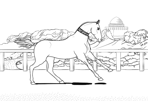 Vettore disegno del modello di cavallo razza di cavallo in stile line art per la creazione di libri colorati per bambini