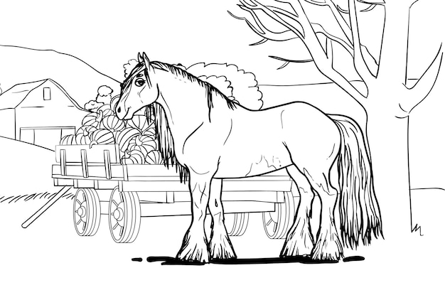 Вектор Лошадиный узор в стиле линейного искусства, порода лошадей для детей, создание цветных книг