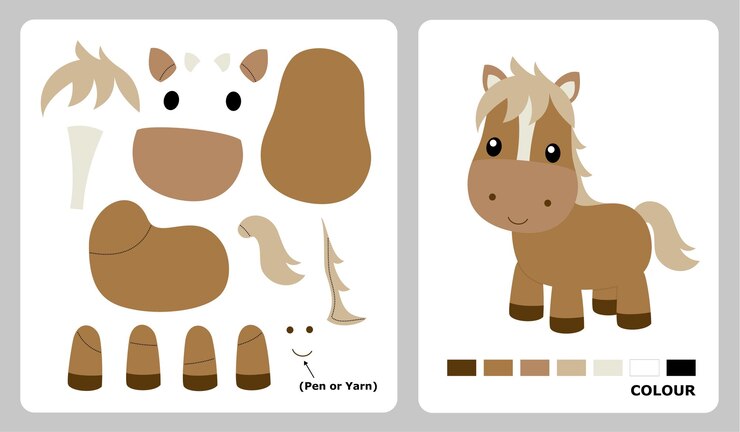 Horse patterns for applique patchwork and paper crafts in cut and paste puzzle patterns